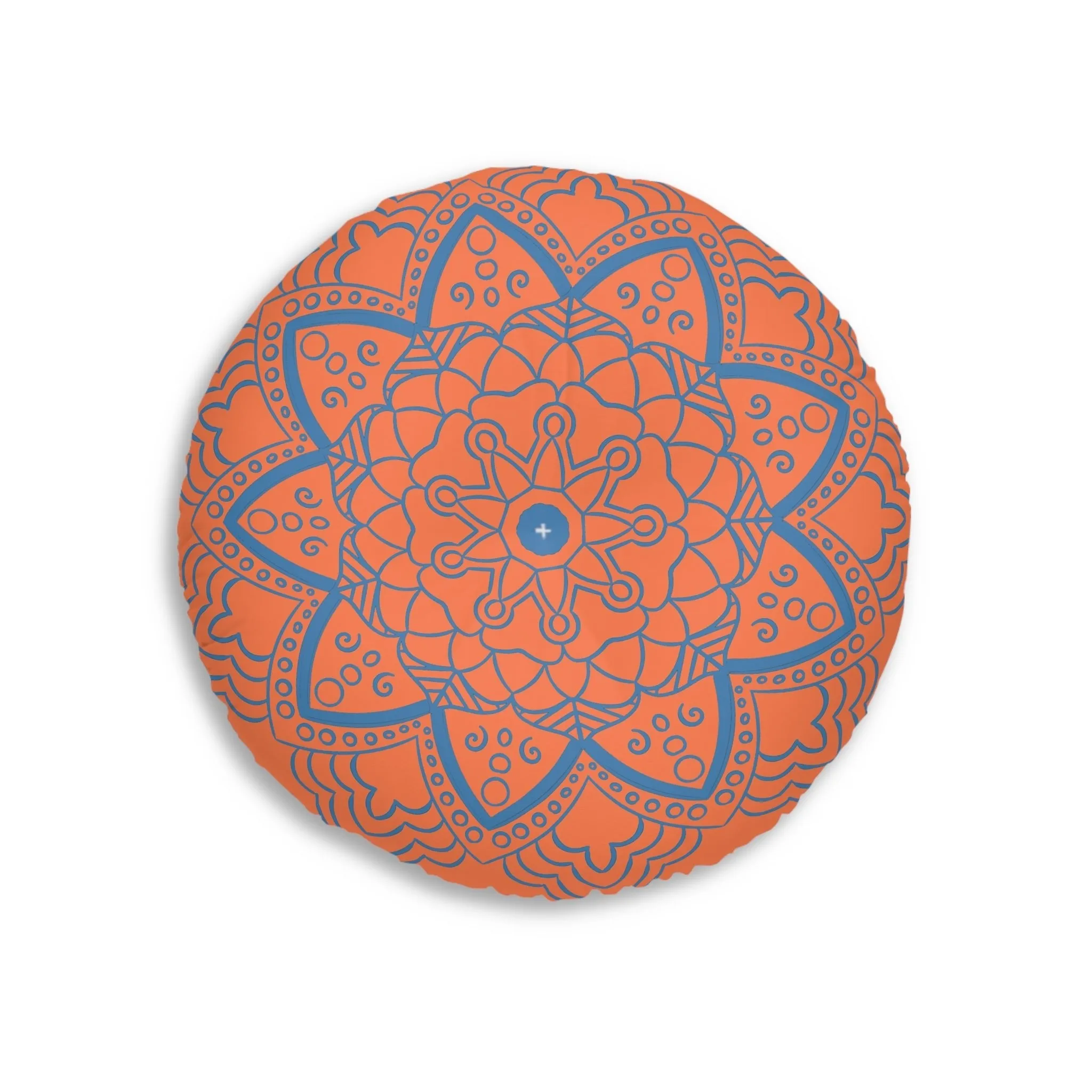 Handmade Mandala Art Floor Cushion - Steel Blue on Coral - Round