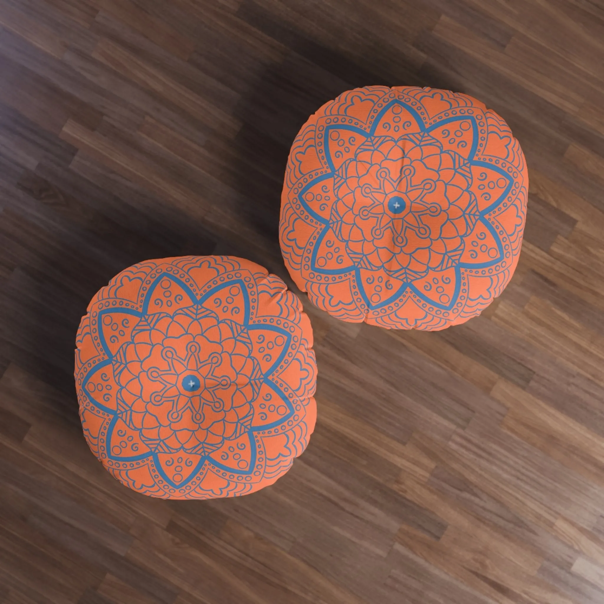 Handmade Mandala Art Floor Cushion - Steel Blue on Coral - Round