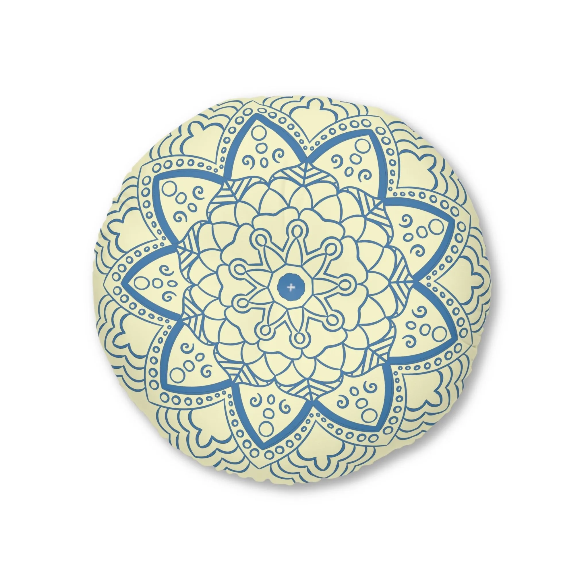 Handmade Mandala Art Tufted Floor Pillow - Steel Blue Cream Background