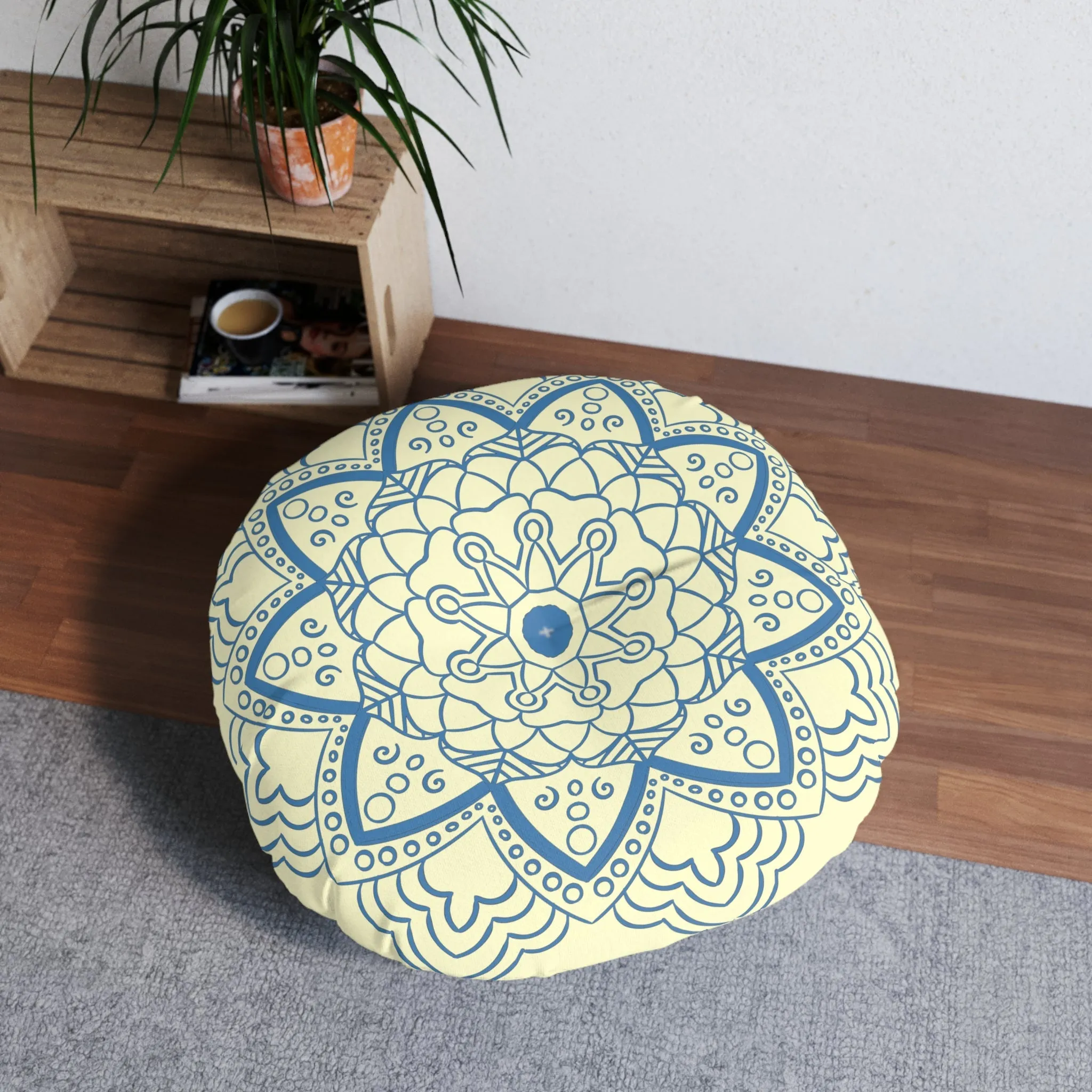 Handmade Mandala Art Tufted Floor Pillow - Steel Blue Cream Background