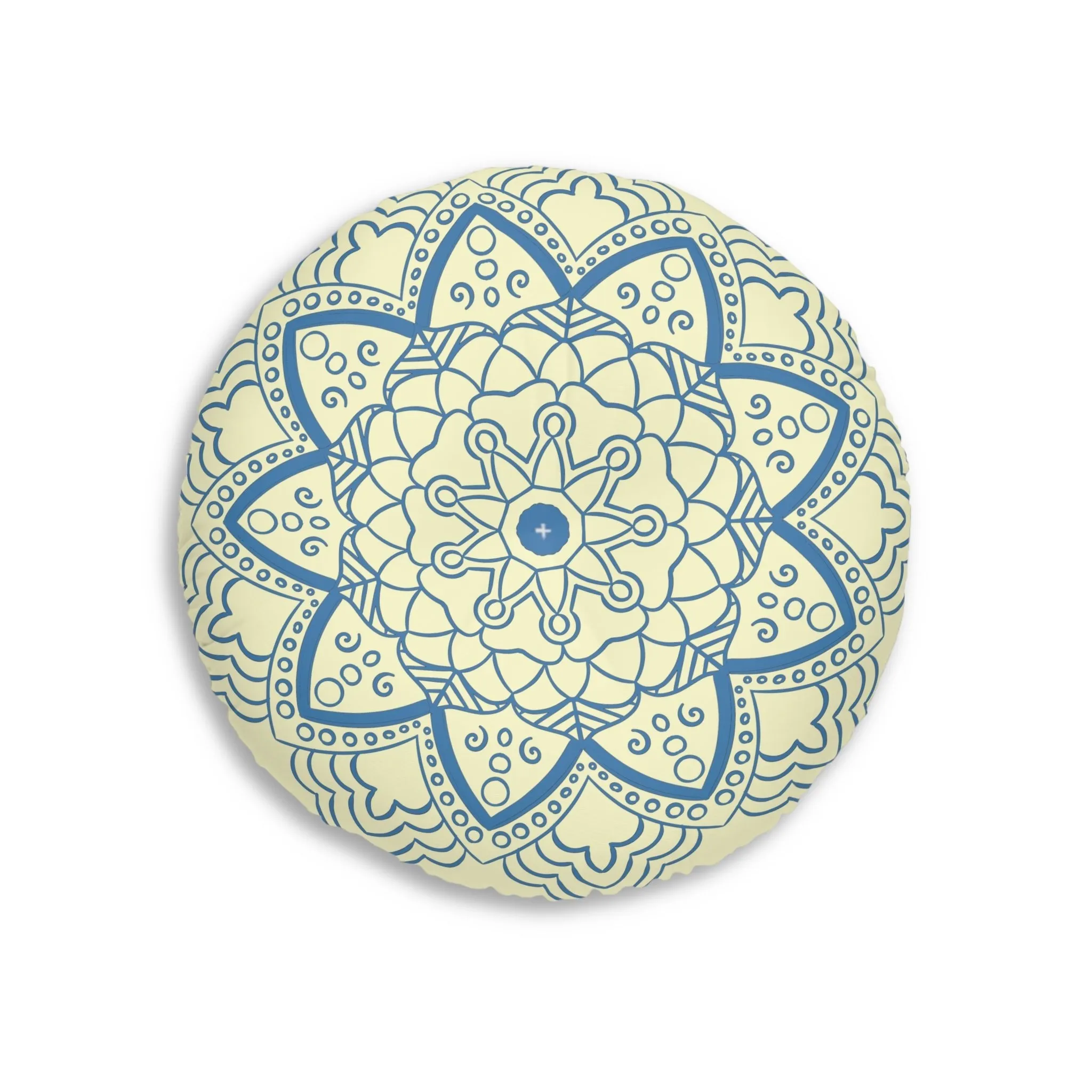 Handmade Mandala Art Tufted Floor Pillow - Steel Blue Cream Background