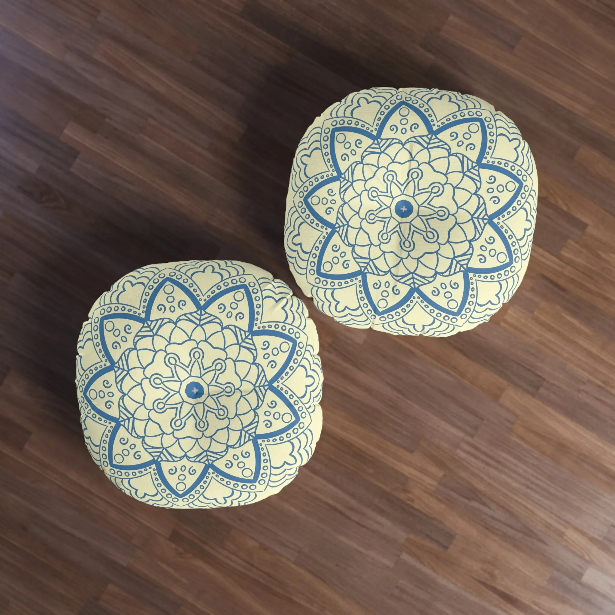 Handmade Mandala Art Tufted Floor Pillow - Steel Blue Cream Background