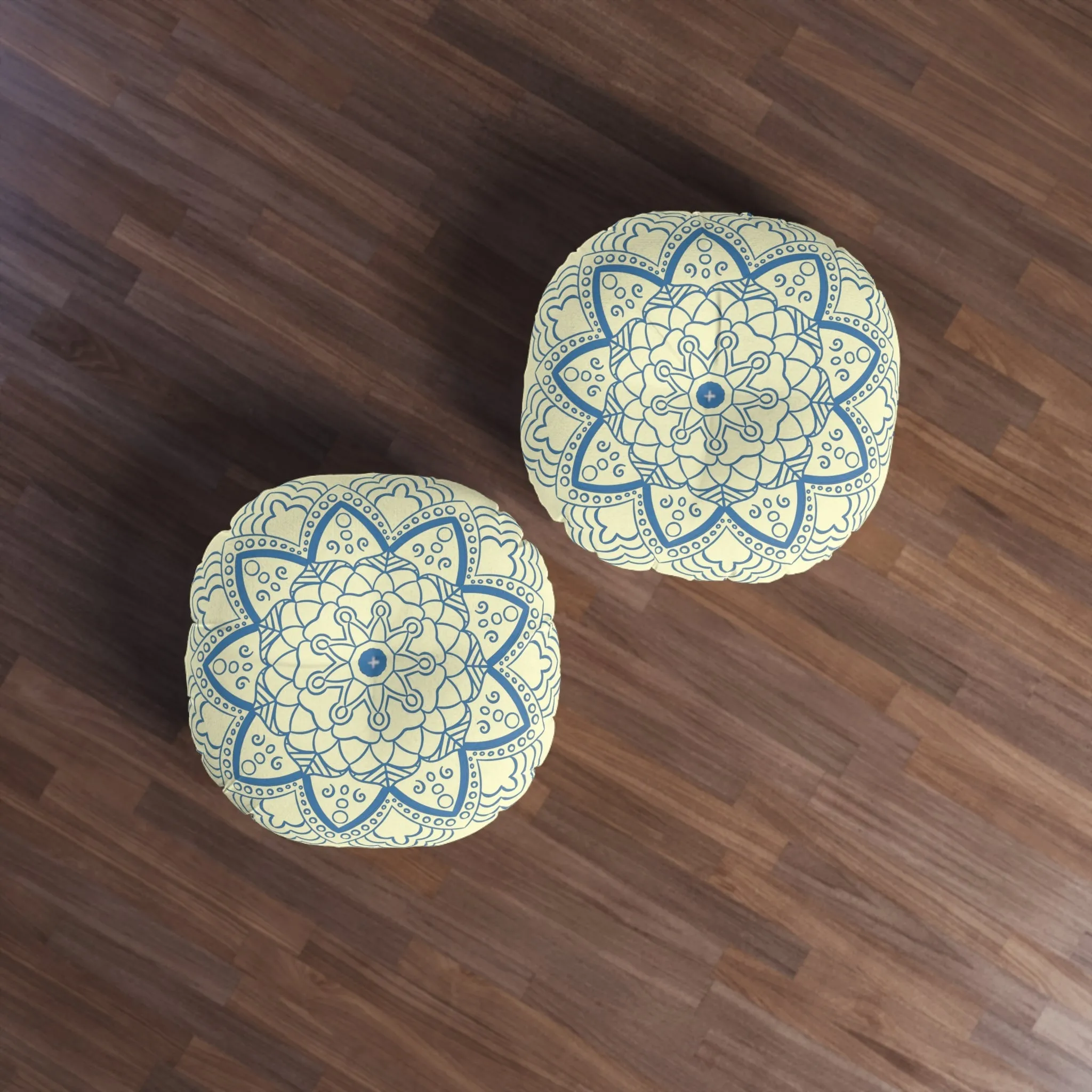 Handmade Mandala Art Tufted Floor Pillow - Steel Blue Cream Background