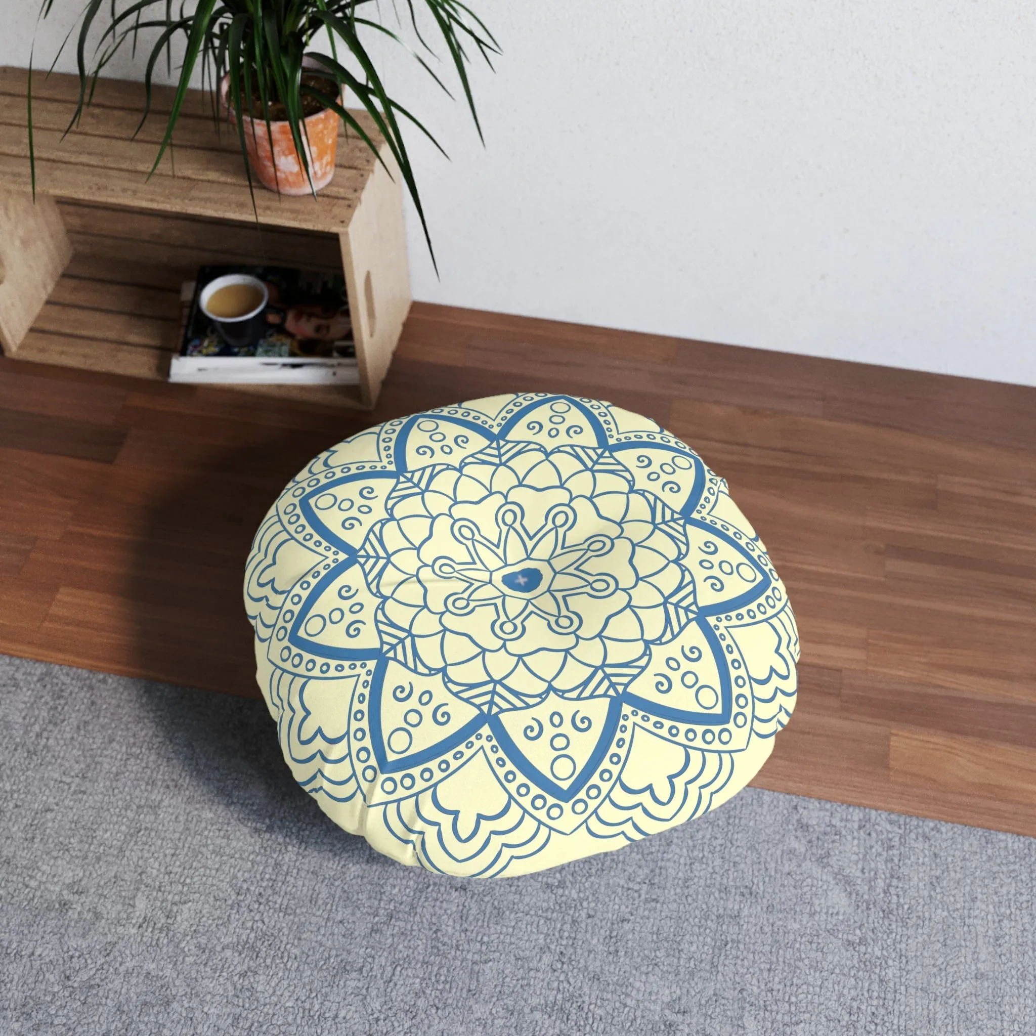 Handmade Mandala Art Tufted Floor Pillow - Steel Blue Cream Background