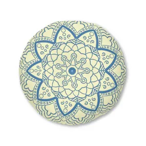 Handmade Mandala Art Tufted Floor Pillow - Steel Blue Cream Background