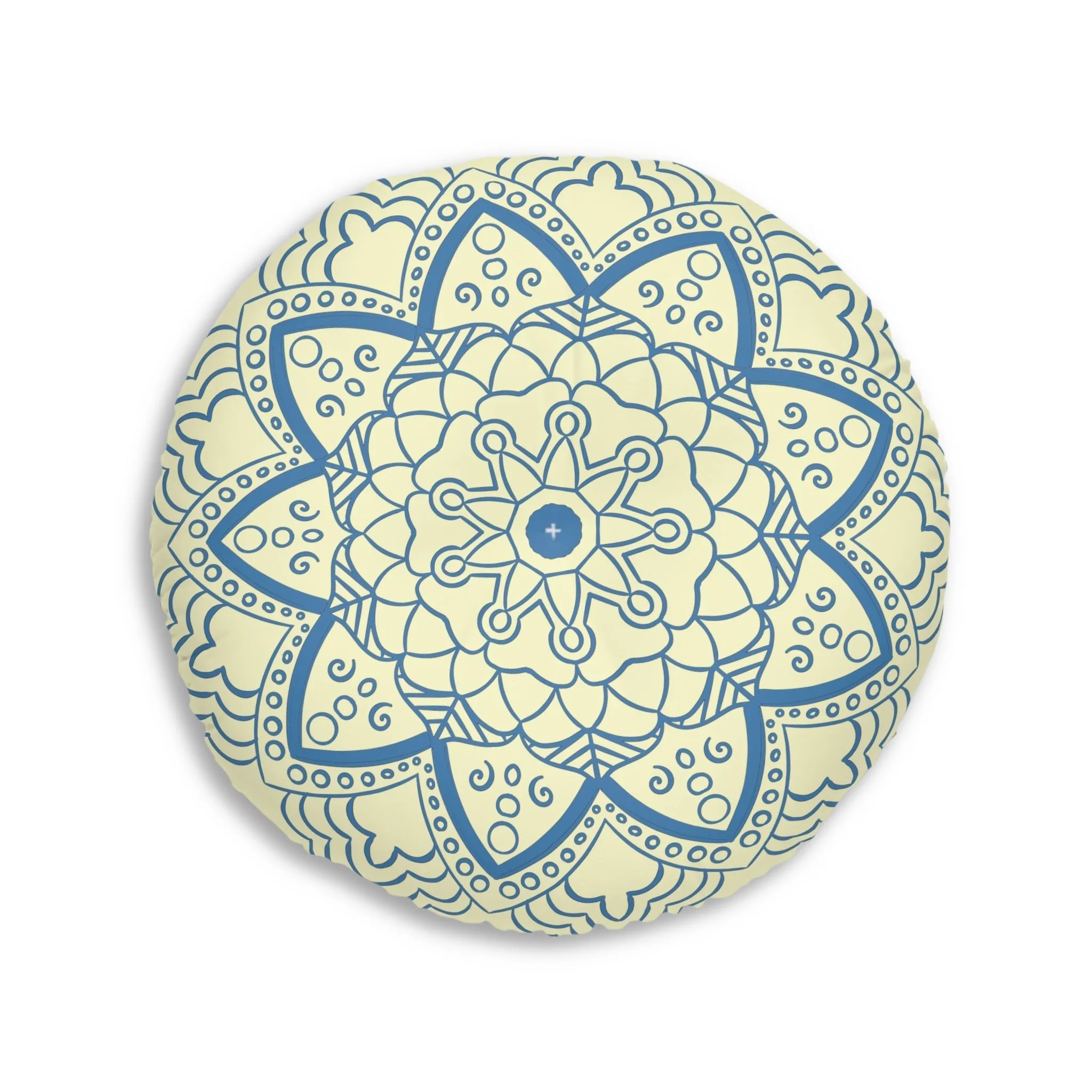 Handmade Mandala Art Tufted Floor Pillow - Steel Blue Cream Background