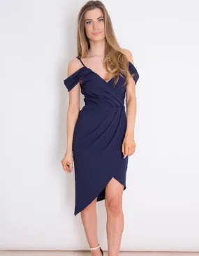 Jilly Navy Wrap Cold Shoulder Dress