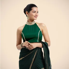 Laila x Tyohaar | Bottle Green Halterneck FlexiFit™ Saree Blouse with Heavy Golden Gota and Pearl Embellishments