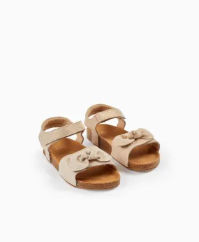 Leather Sandals with Glitter and Bows for Girls, Light Beige