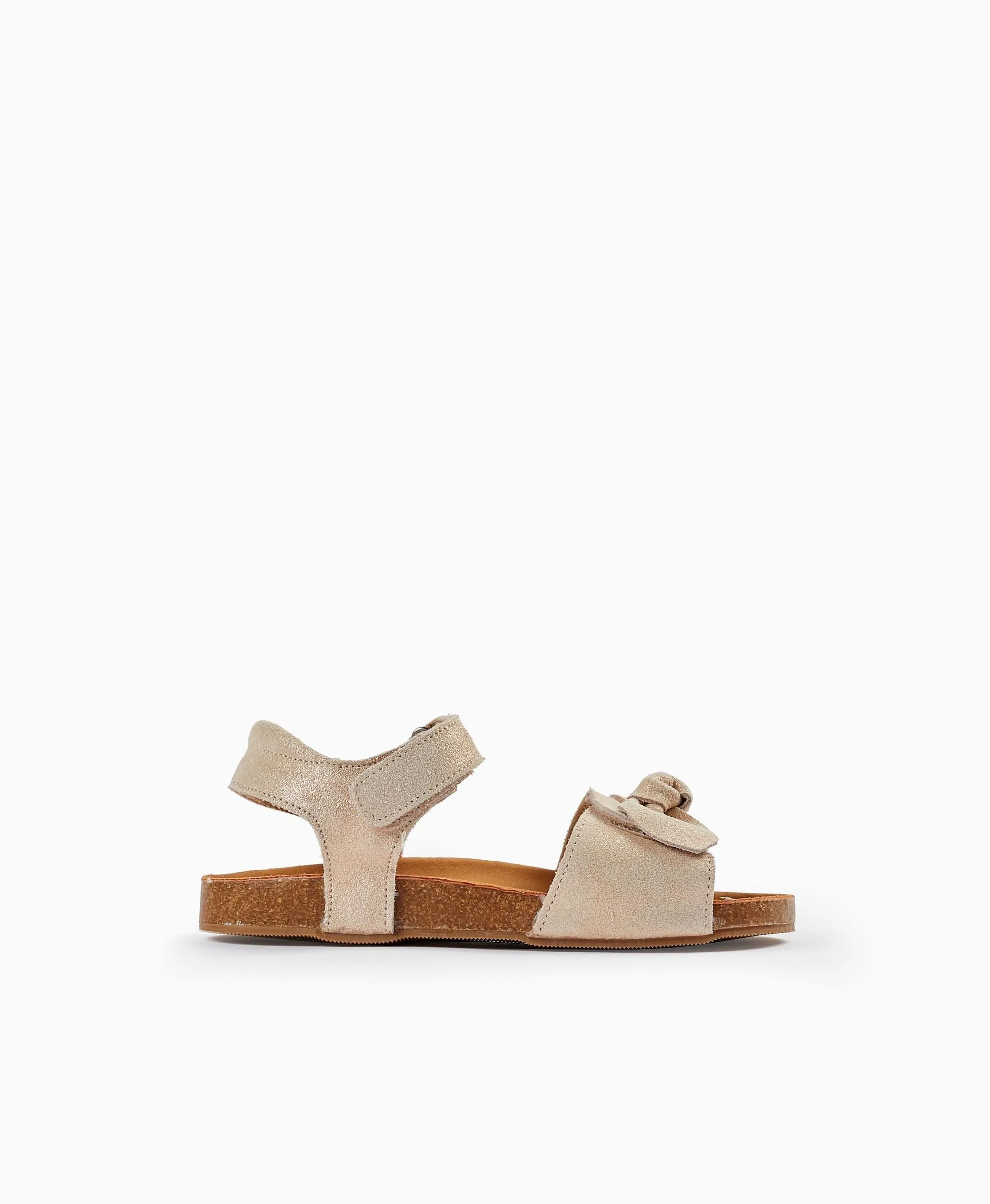 Leather Sandals with Glitter and Bows for Girls, Light Beige