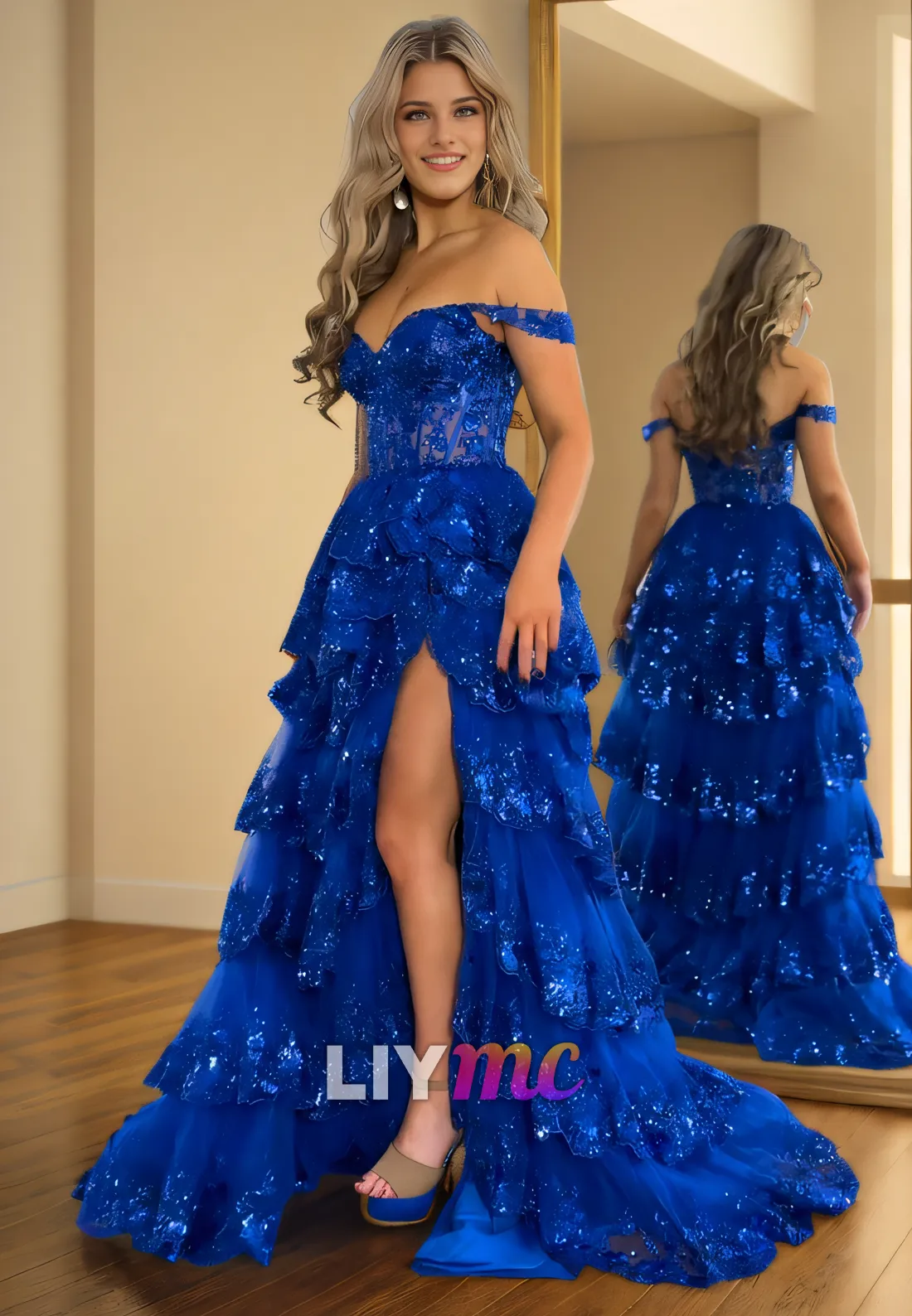 LP2293 - Off-Shoulder Strapless Appliques Tiered A-Line High Slit Prom Dress