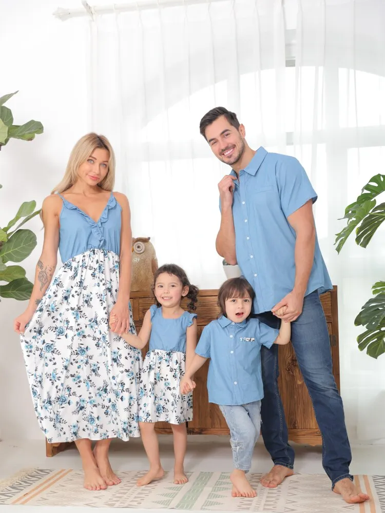 Matching Family Outfit - Floral Light Denim Outfit for Mummy, Daddy and Baby