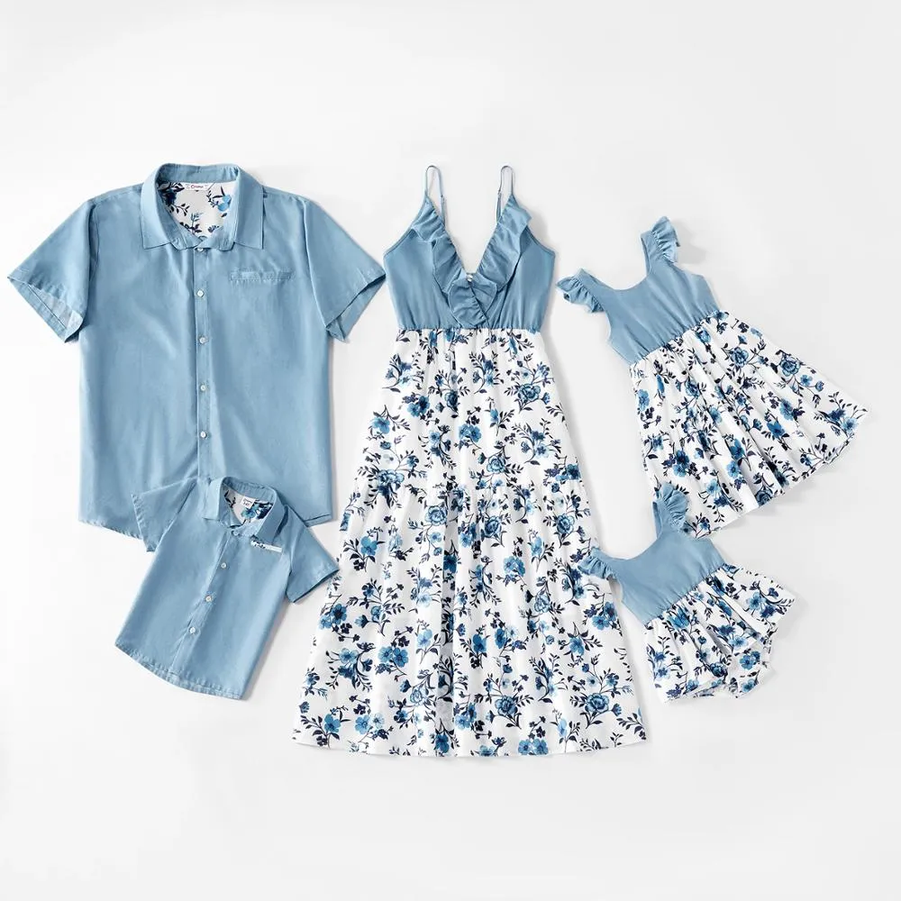 Matching Family Outfit - Floral Light Denim Outfit for Mummy, Daddy and Baby