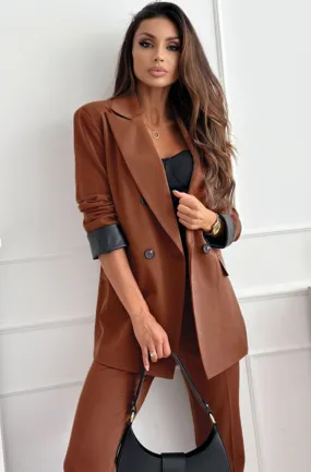 Myla Oversized Faux Leather Blazer Jacket-Brown