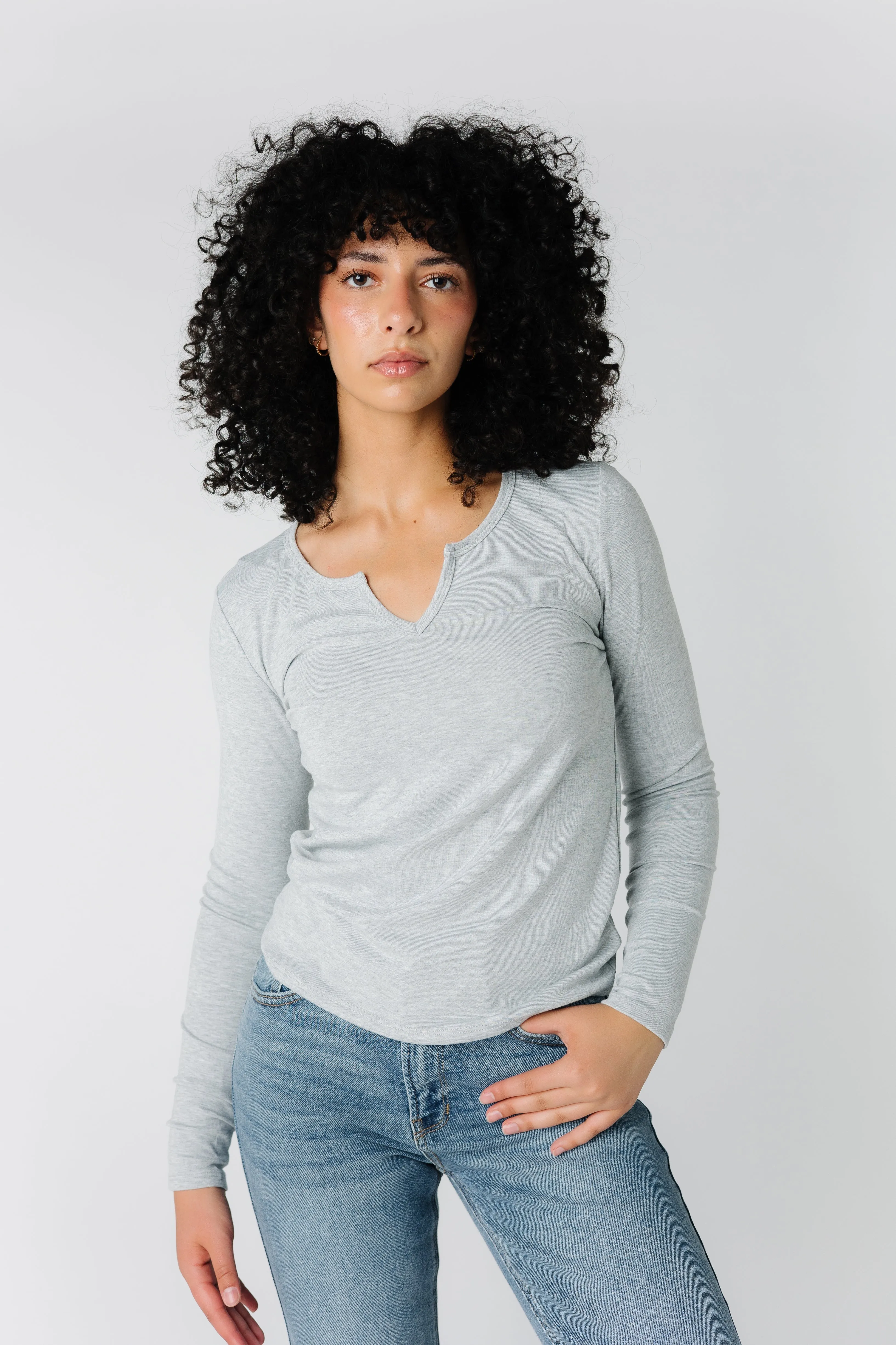 Notched Neckline Long Sleeve Tee