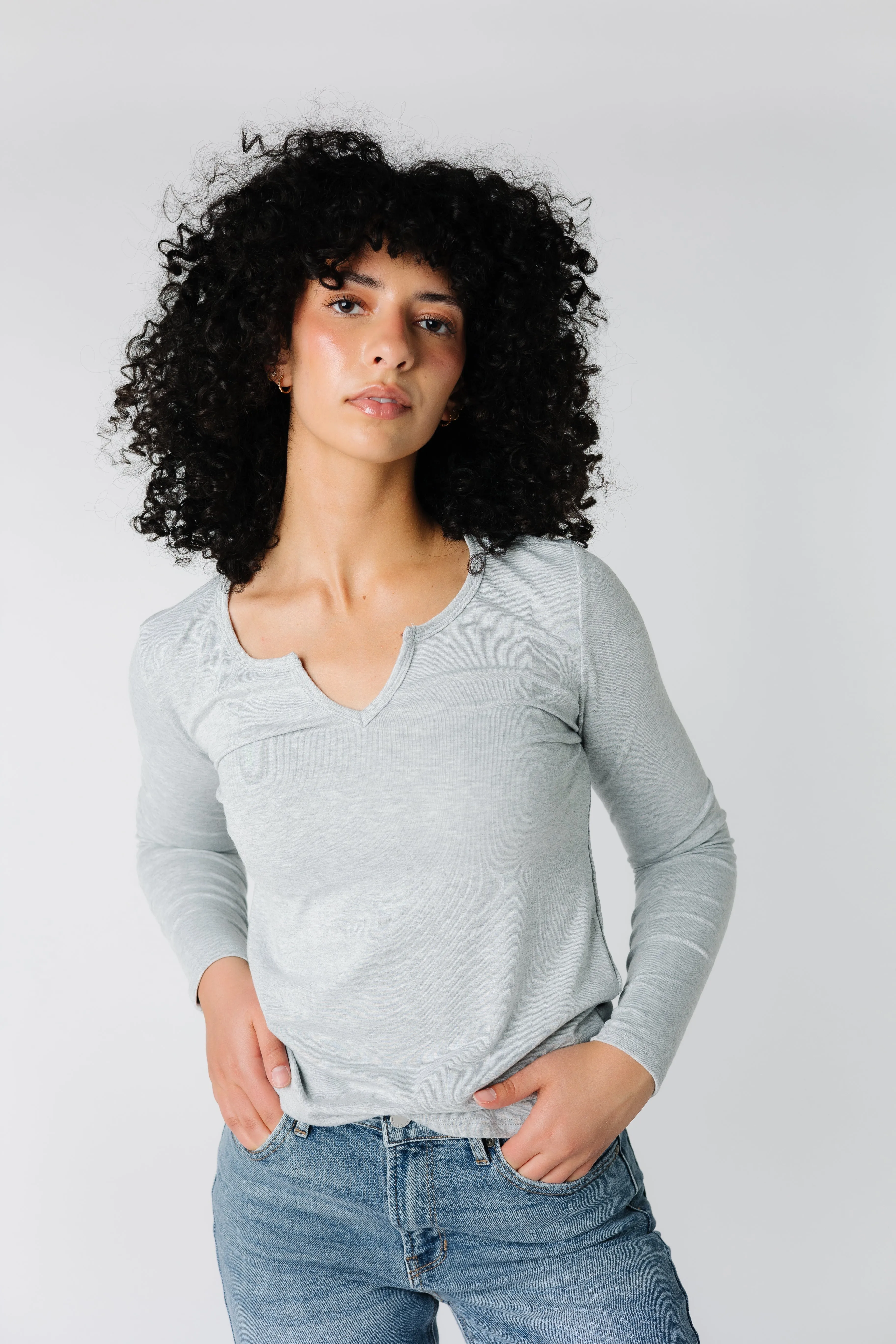 Notched Neckline Long Sleeve Tee