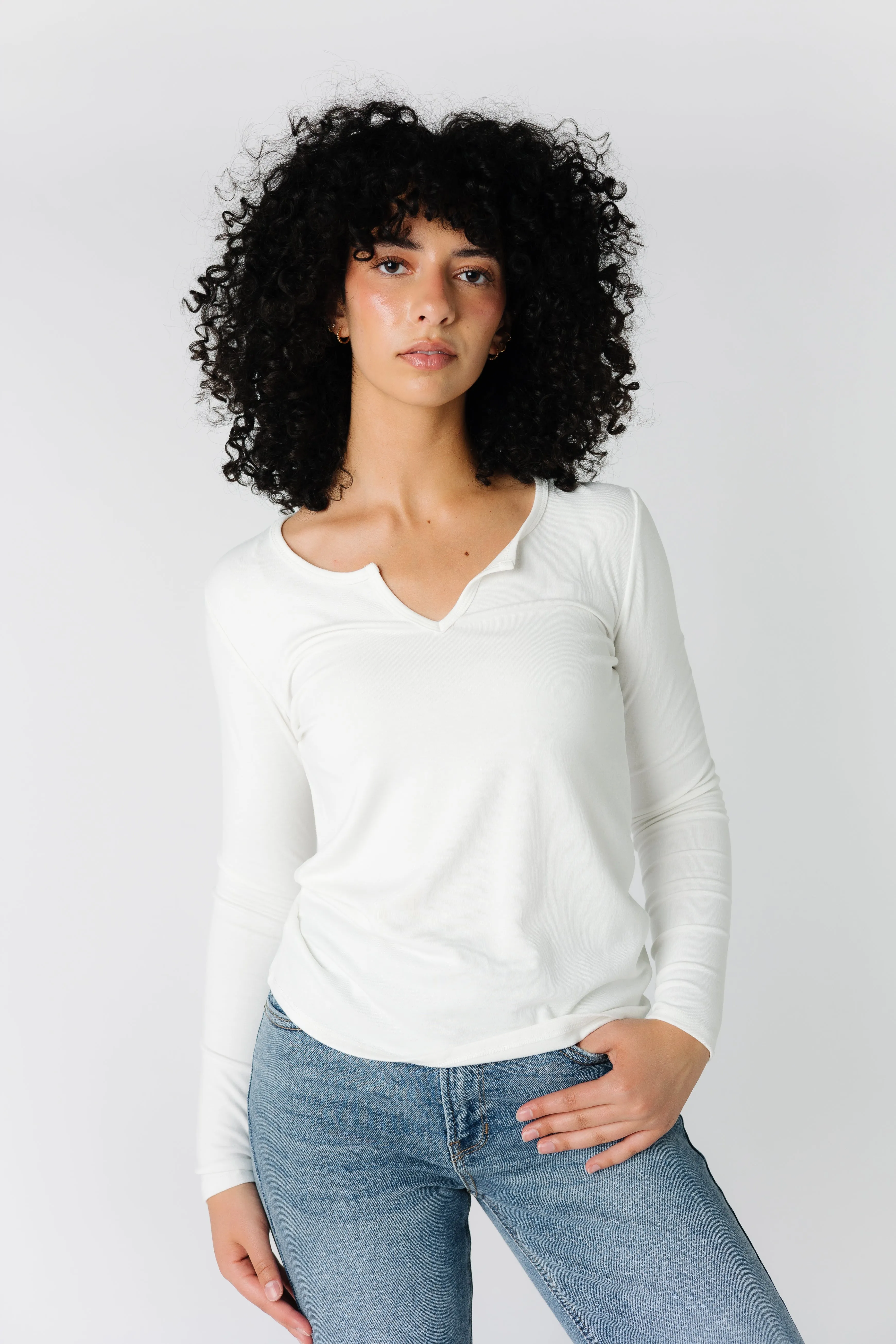 Notched Neckline Long Sleeve Tee