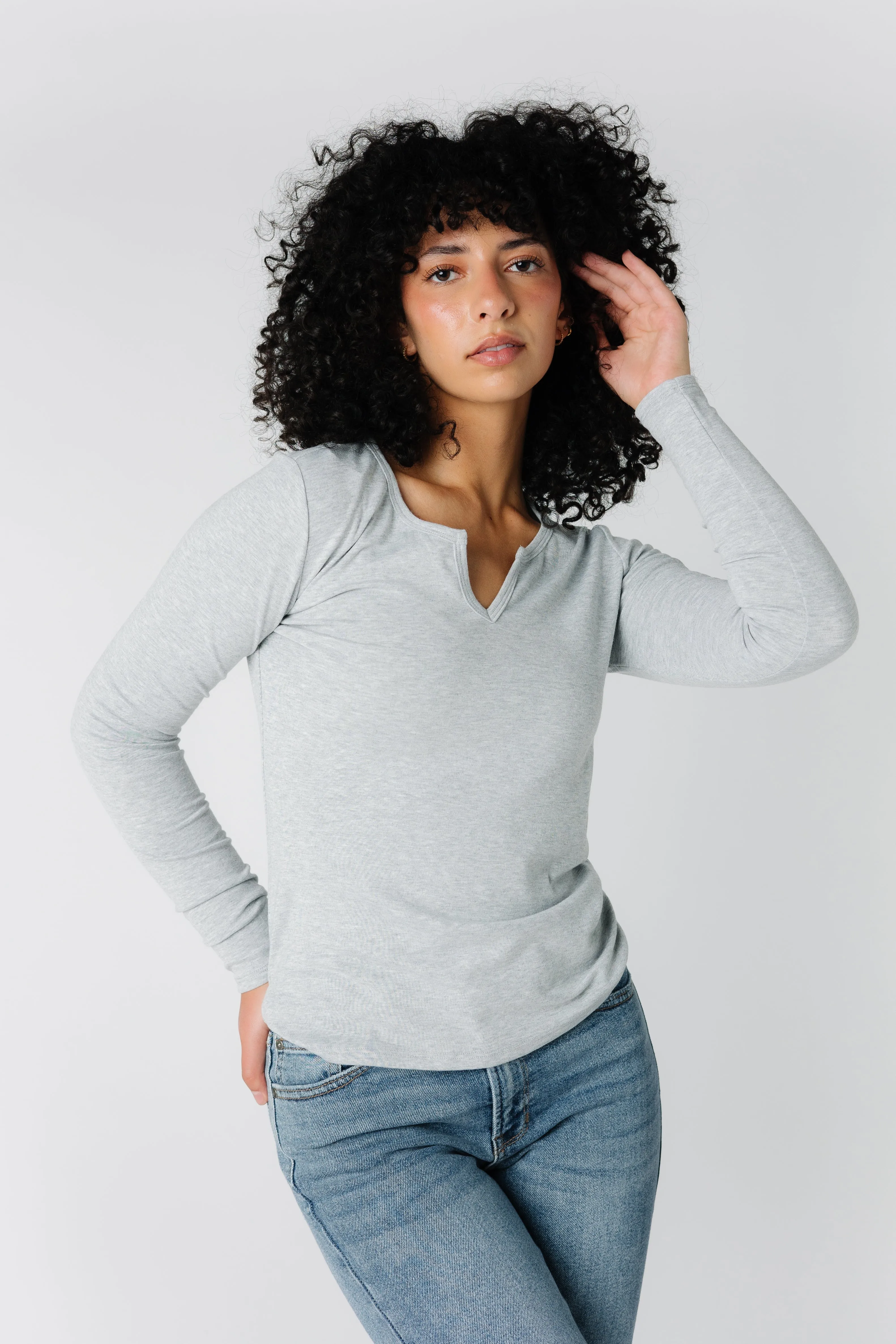 Notched Neckline Long Sleeve Tee