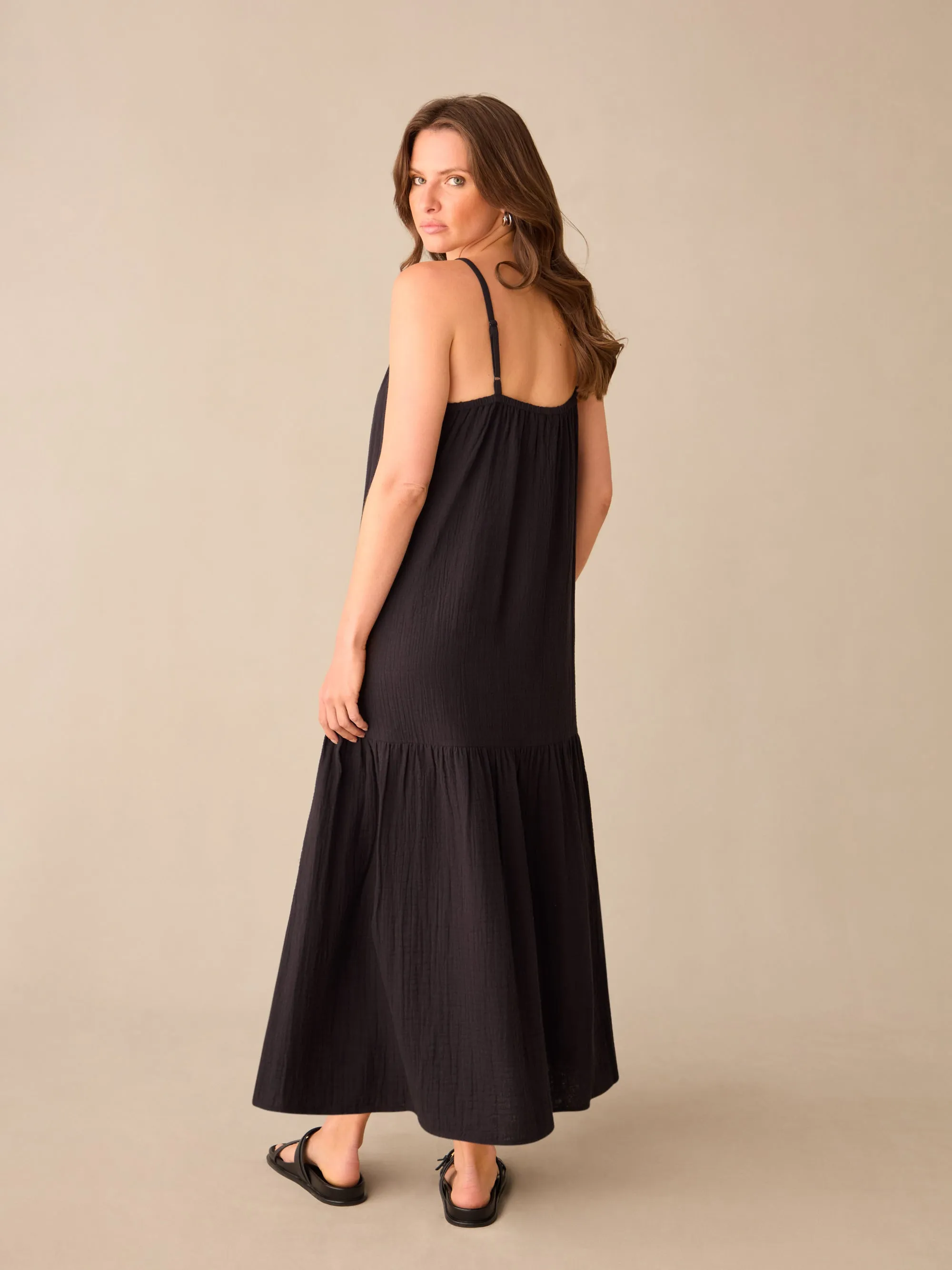 Petite Black Tiered Hem Strappy Cheesecloth Dress