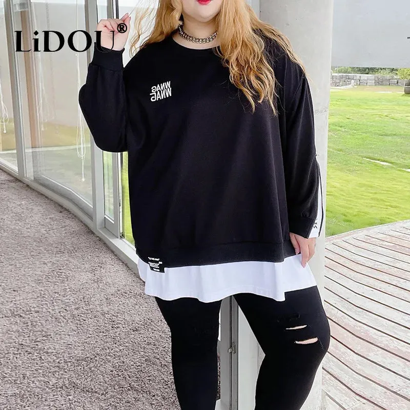 Spring Autumn New Korean Fashion Two Fake Pieces Plus Size Sweatshirt Women Letter Patchwork Casual Lady Tops Oversized Clothes