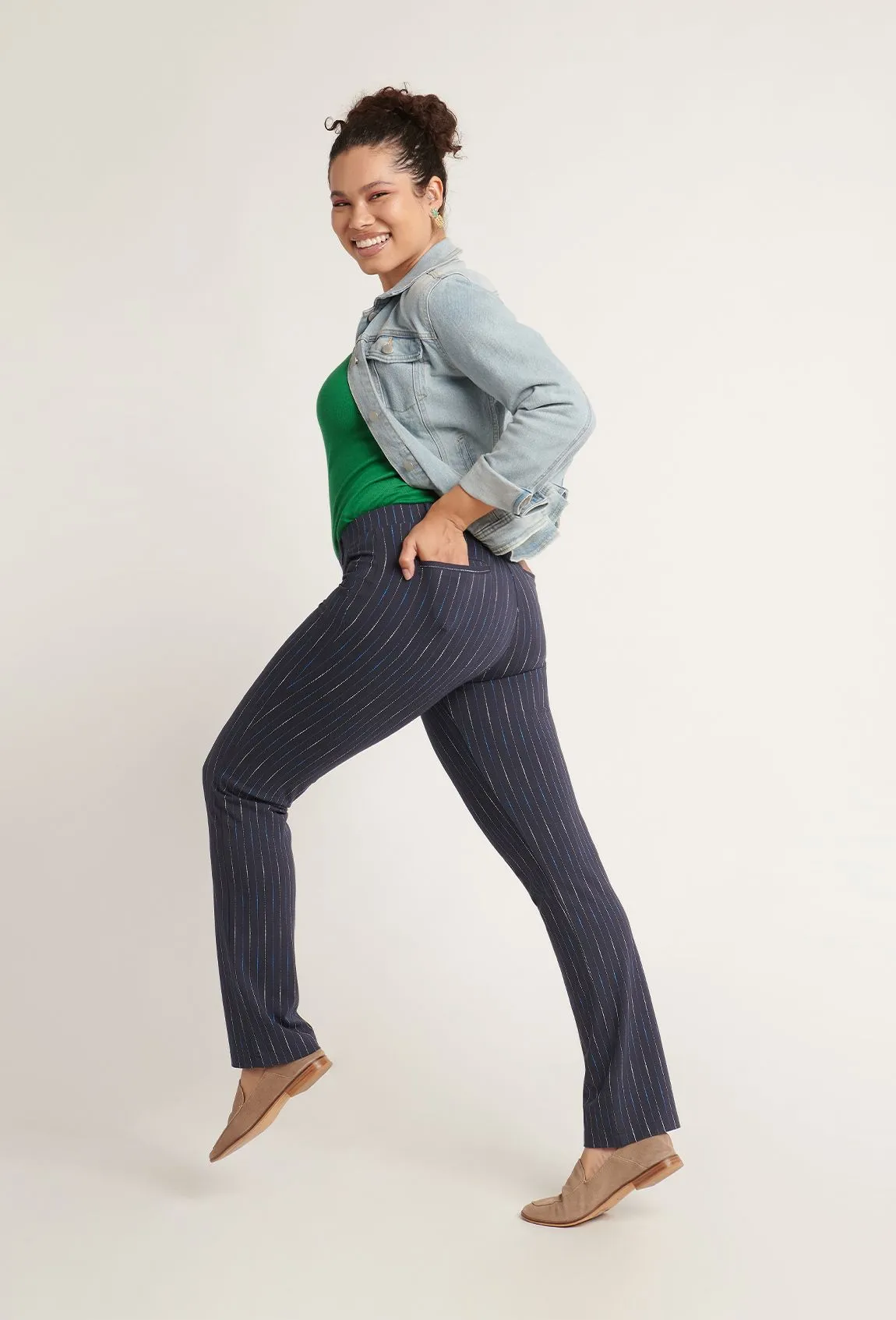 Straight Leg | Two-Pocket Straight-Leg Dress Pant Yoga Pants (Navy Ombre Pinstripe)