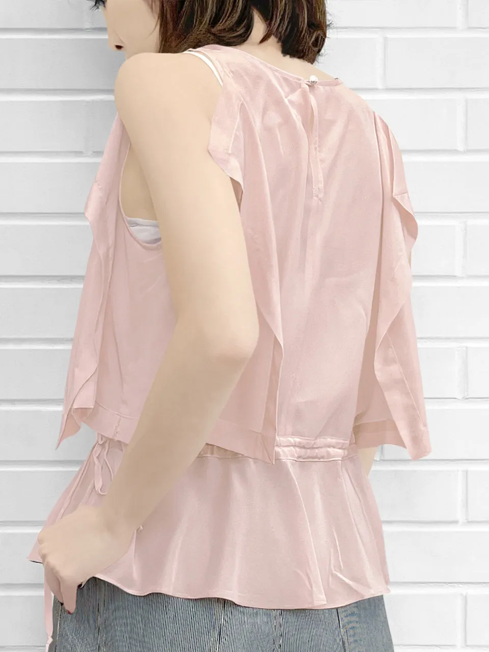 Surprise Sale! Light Pink Drawstring Waist Drape Edge Sleeveless Silk Top