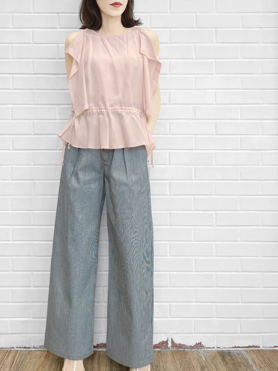 Surprise Sale! Light Pink Drawstring Waist Drape Edge Sleeveless Silk Top