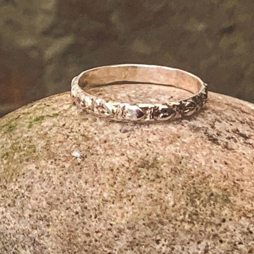 Textured, patterned, Sterling silver stacking rings.