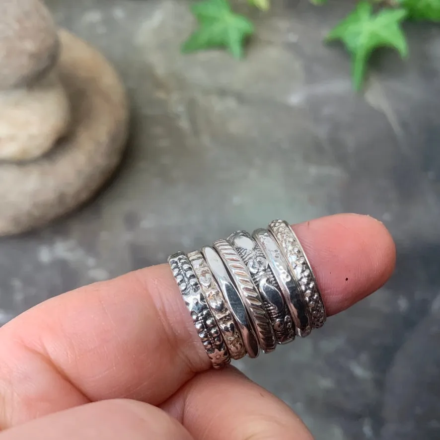 Textured, patterned, Sterling silver stacking rings.