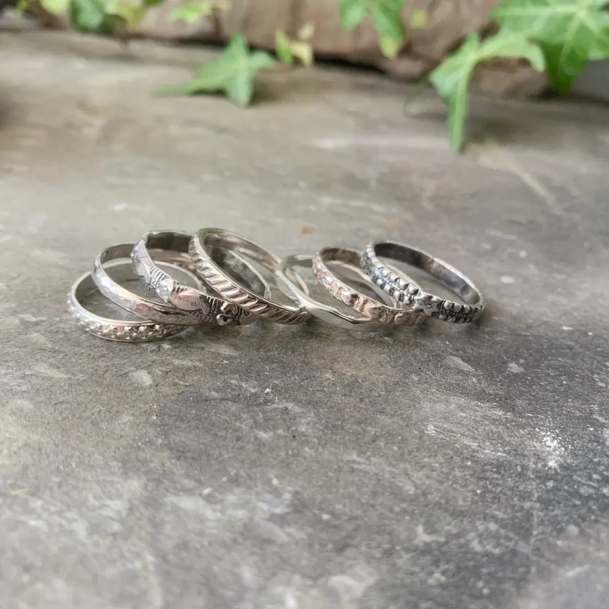 Textured, patterned, Sterling silver stacking rings.