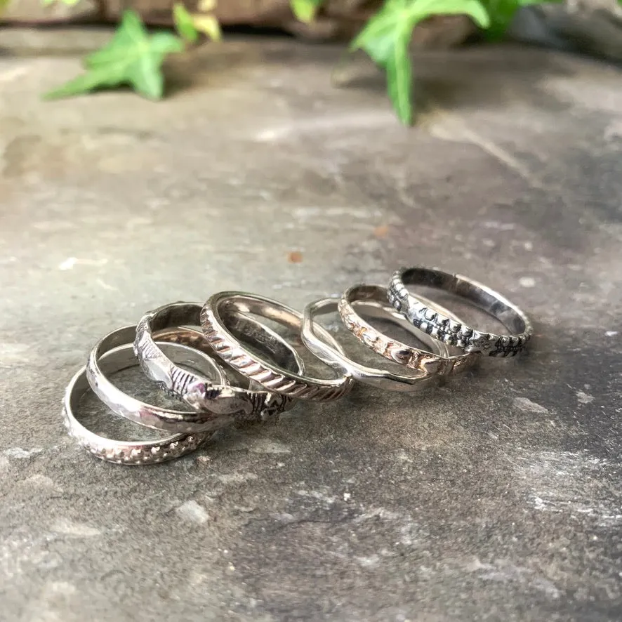 Textured, patterned, Sterling silver stacking rings.