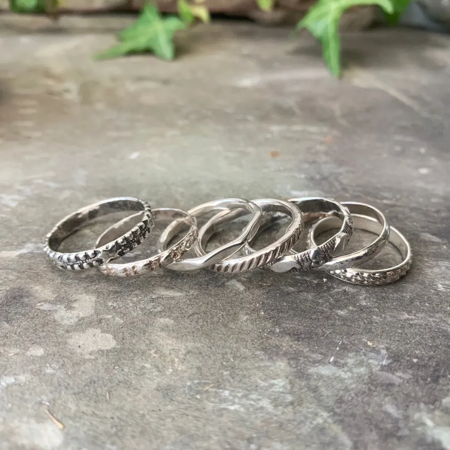 Textured, patterned, Sterling silver stacking rings.