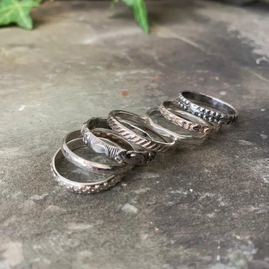 Textured, patterned, Sterling silver stacking rings.