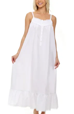 Women's Cotton Victorian Nightgown, Cecilia Sleeveless Lace Trimmed Button Up Long Night Dress