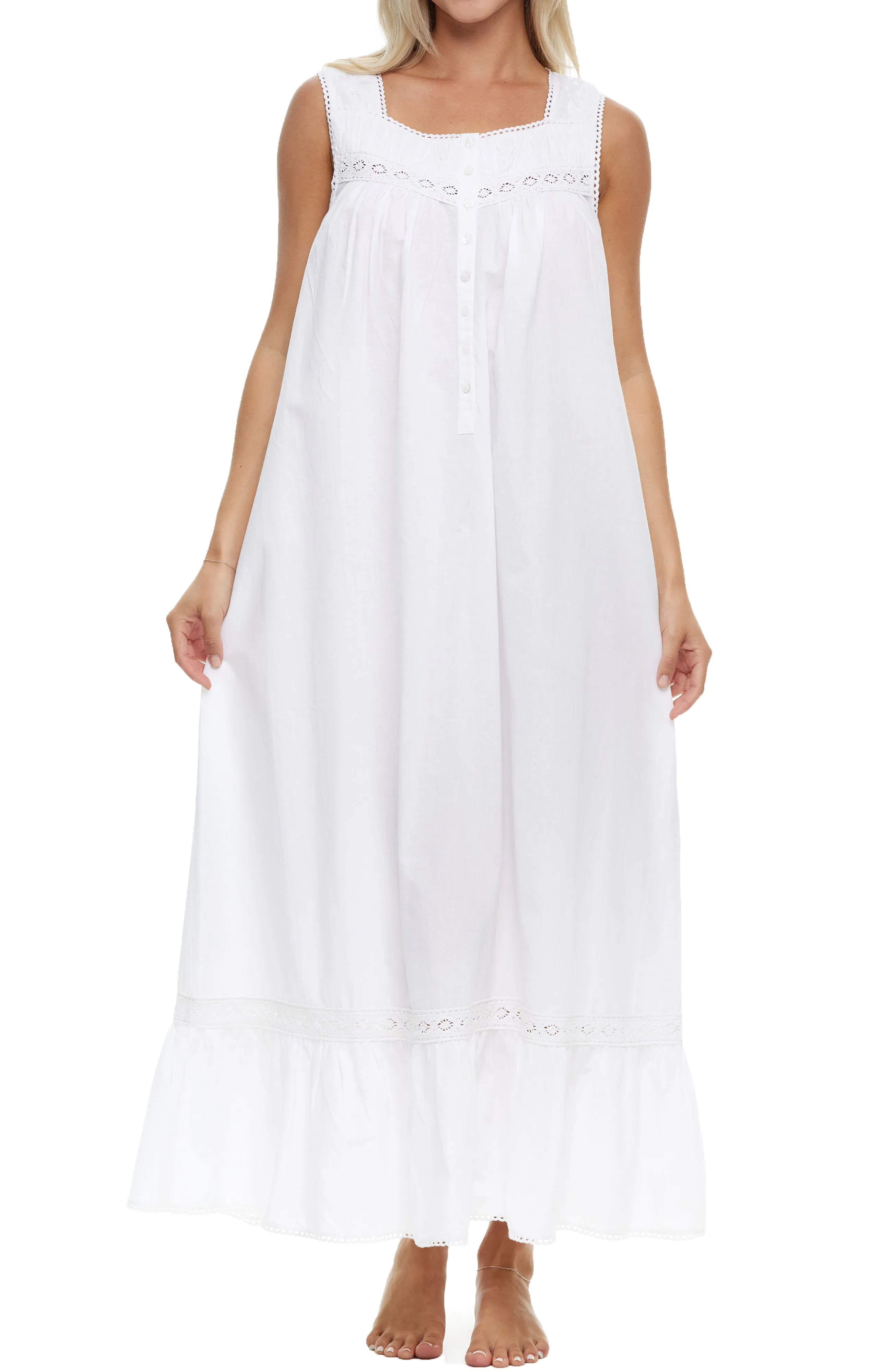 Women's Cotton Victorian Nightgown, Phoebe Sleeveless Lace Trimmed Button Up Long Night Dress