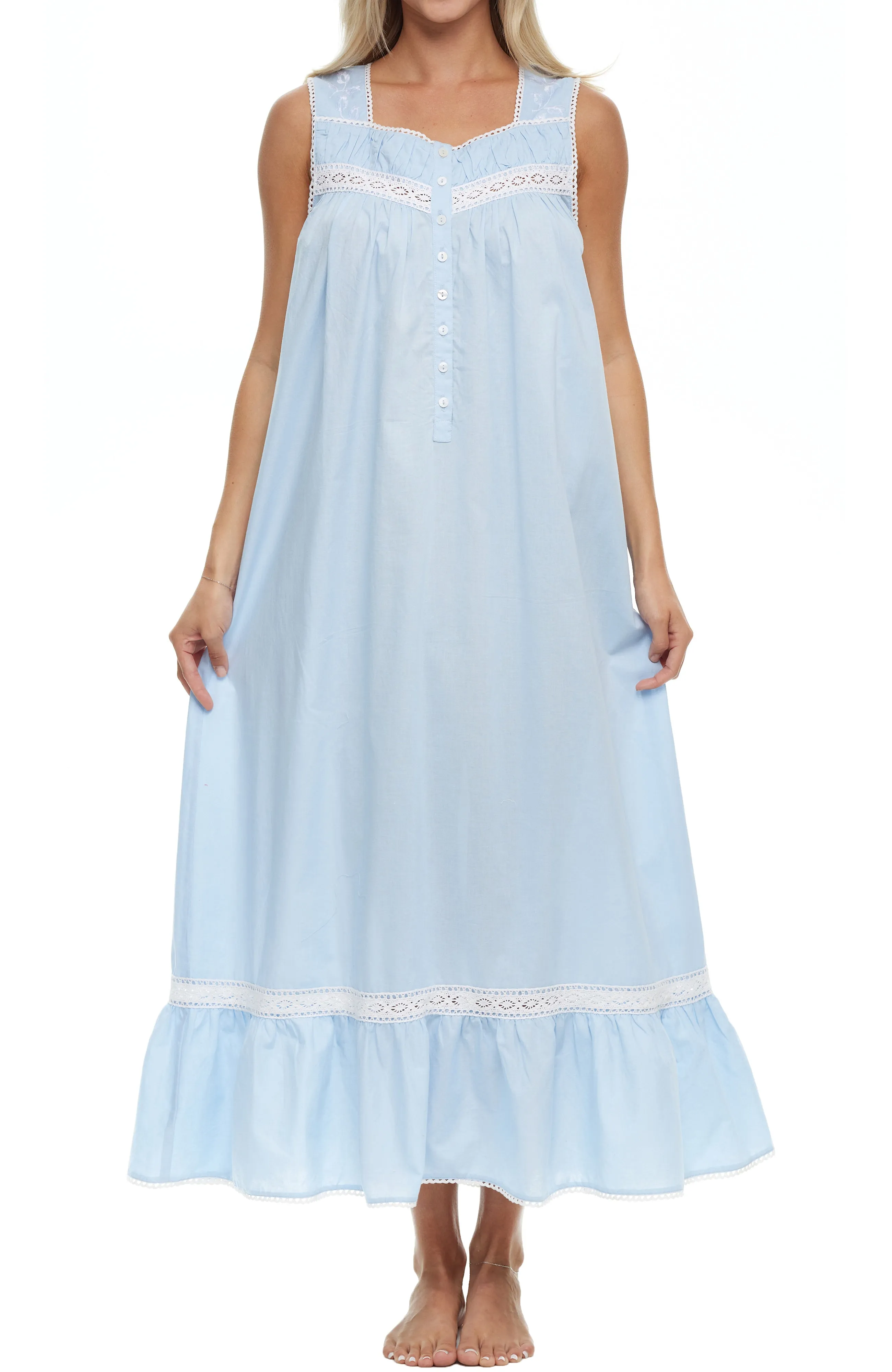 Women's Cotton Victorian Nightgown, Phoebe Sleeveless Lace Trimmed Button Up Long Night Dress